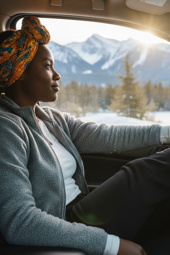 A Black woman with a rich, dark skin tone and her hair in a colorful headwrap sits in the passenger seat of a car on a road trip, her feet up on the dashboard. She is wearing a grey, zip-up fleece over a white thermal top and black joggers. She has on shearling-lined clogs and is looking out the window at a scenic winter view.
