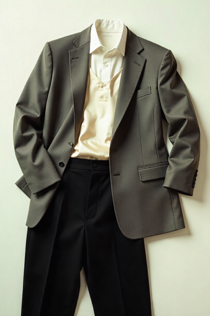 A flat lay of a professional outfit: a grey blazer, white shirt, and black trousers. Next to it, laid out neatly, is a set of champagne-colored silk long johns and a camisole.