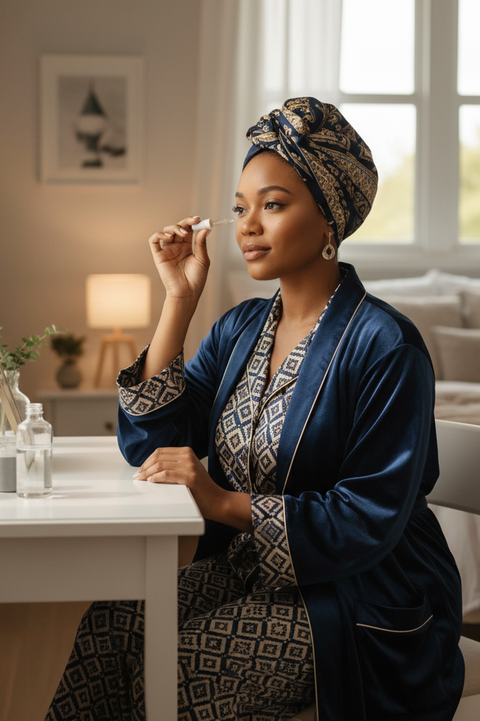 A stylized shot of a Black woman with a caramel complexion and her hair wrapped in a silk scarf, applying skincare at her vanity. She is wearing a beautiful, navy blue and gold patterned silk pajama set under a deep blue, plush robe. The setting is her serene, well-decorated bedroom in the morning light.
