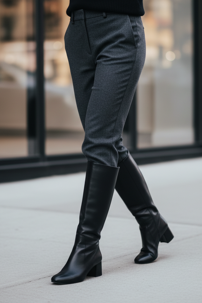 A close-up shot focusing on a woman's legs as she walks. She is wearing tailored grey trousers and sleek, black leather knee-high boots with a subtle block heel.