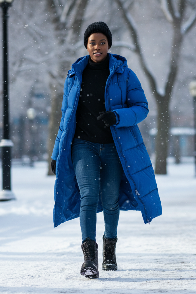 A dynamic full-body shot of a Black woman with rich, dark skin and short, tapered natural hair, walking confidently through a snowy park. She is wearing a long, vibrant cobalt blue puffer coat. It's open to reveal a simple black turtleneck and dark wash skinny jeans. Her feet are clad in sturdy black winter boots, and she wears a black knitted beanie.