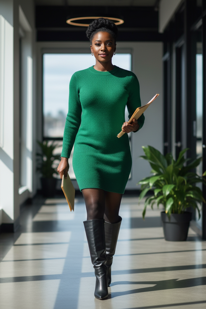 A Black woman with a rich, dark skin tone and her hair in an elegant updo walks through an office hallway, holding a folder. She wears a long-sleeved, emerald green knit sweater dress that falls just above the knee. She has on opaque black tights and sleek, black leather knee-high boots with a walking heel.