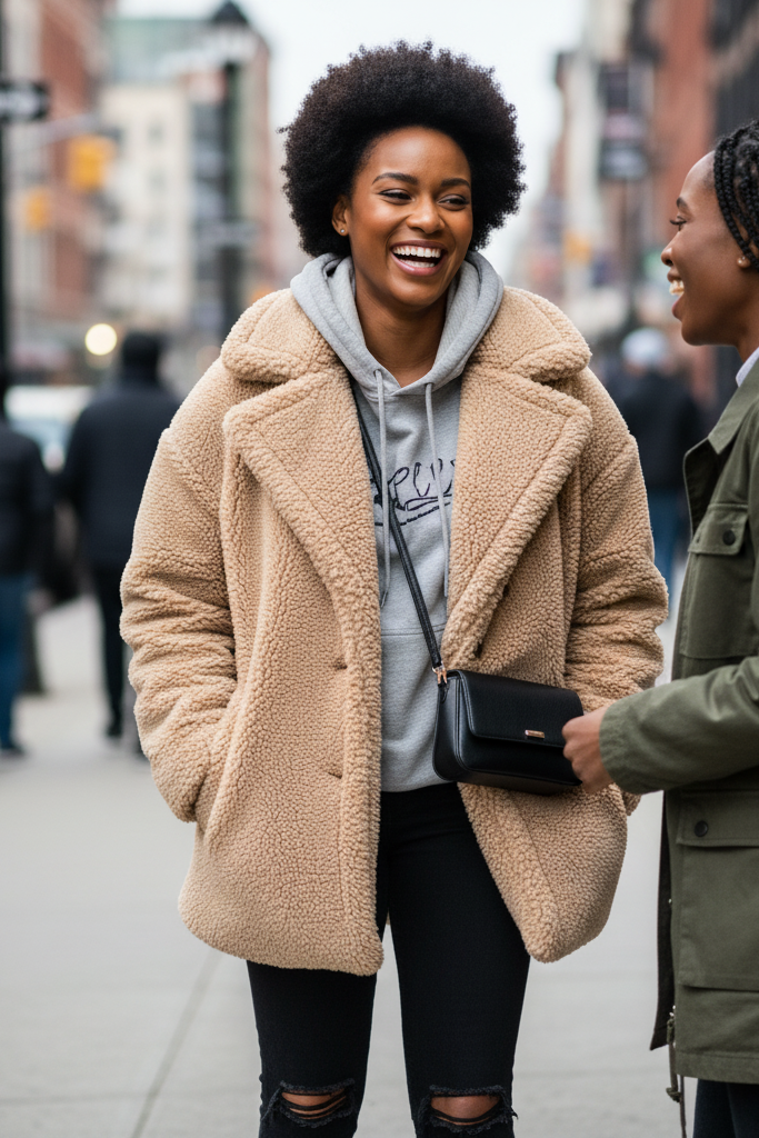 A Black woman with a medium-brown complexion and a chic afro is captured laughing with a friend on a city street. She wears an oversized, beige teddy bear coat over a grey graphic hoodie and black ripped skinny jeans. On her feet are black leather combat boots. She holds a small, black crossbody bag, and her makeup is natural and glowing.