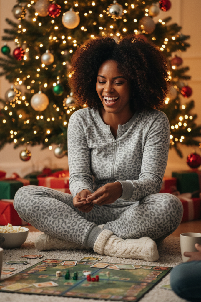 A playful shot of a Black woman with a rich, dark skin tone and her natural hair free, sitting on the floor in front of her Christmas tree, playing a board game with family. She is wearing a soft, grey, long-sleeved thermal onesie with a subtle leopard print pattern. She has a pair of thick, knitted socks on her feet and is laughing joyfully.