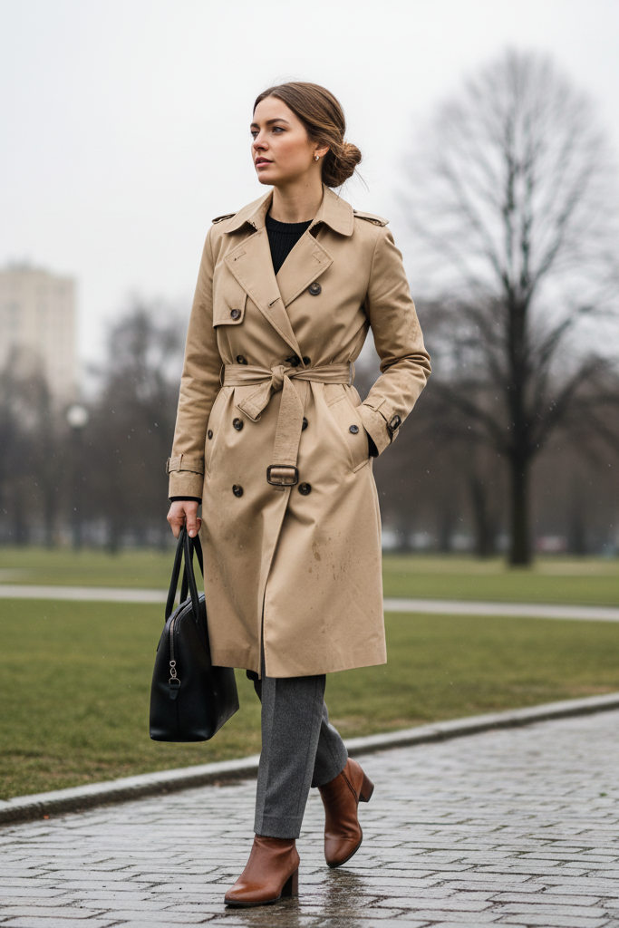 A woman walks through a city park on her way to work during a damp morning. She wears a beige trench coat belted over a black sweater and grey trousers, with leather ankle boots on her feet.