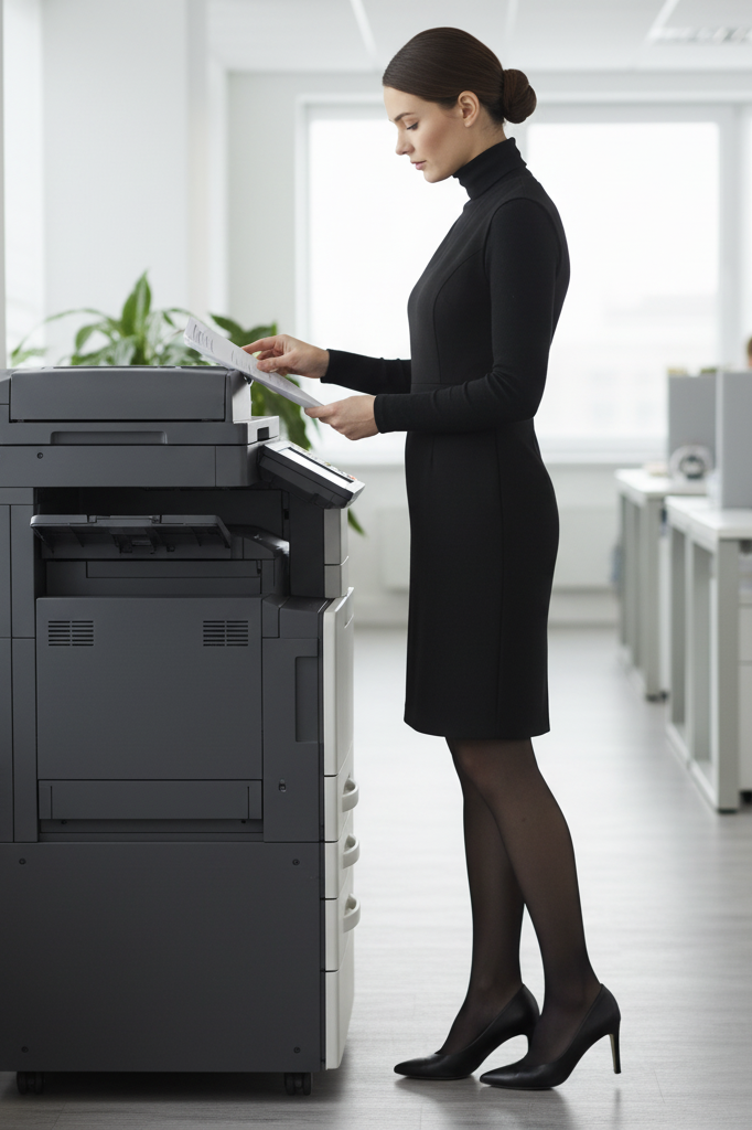 A woman stands at a copier, wearing a black, sleeveless wool sheath dress with a thin, fitted black turtleneck layered underneath. She wears black tights and pumps.