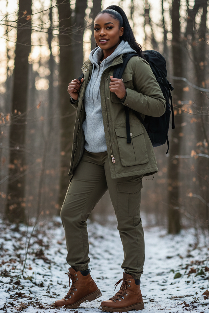 A Black woman with a medium brown skin tone and her hair in a sleek high ponytail is on a weekend hike. She wears a khaki green utility jacket over a grey fleece hoodie and matching cargo pants. She has on sturdy, brown hiking boots and carries a modern, black backpack. She looks strong and confident against a backdrop of winter trees.