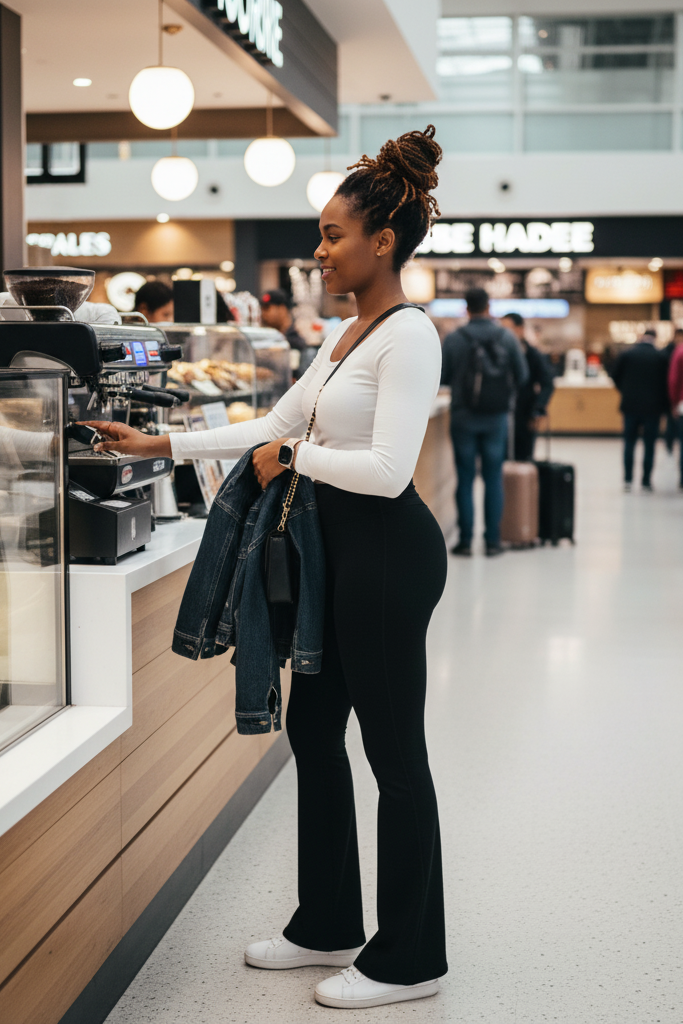 A Black woman with a honey-toned complexion and her hair in a messy bun is in a busy airport food court, ordering a coffee. She is wearing a simple, fitted white long-sleeve top, tucked into high-waisted black flared leggings. She has on clean white sneakers and carries a denim jacket over her arm, ready to layer.