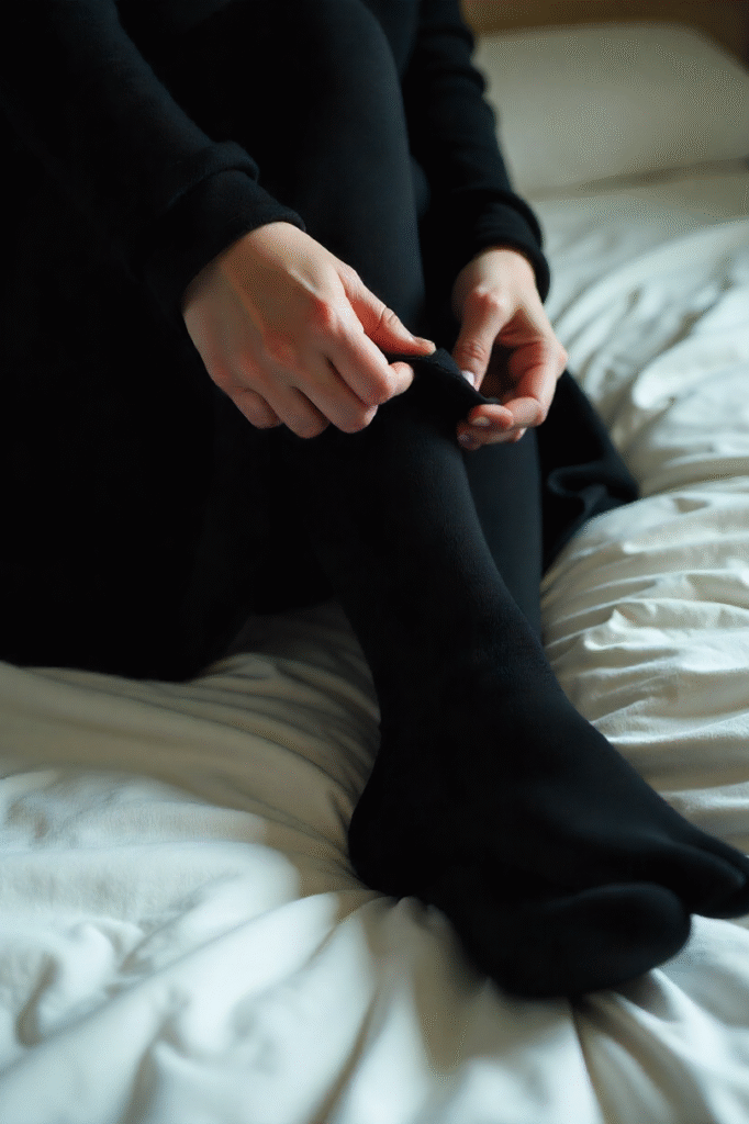 A woman's hand is pulling up a pair of thick, opaque black tights. In the background, a wool sweater dress is laid out on a bed.