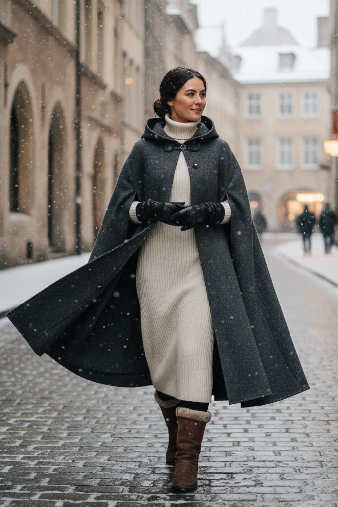 The Wool Cape Cloak & Turtleneck Dress
