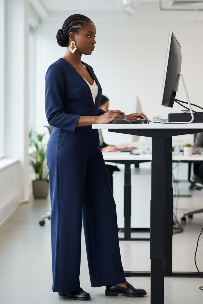 A full-body shot of a Black woman with a medium brown skin tone and cornrows styled into a crown, working at a standing desk. She is wearing an elegant, navy-blue, wool-blend jumpsuit with a wide-leg silhouette and a V-neck. A simple silk camisole is visible underneath. She wears leather loafers and bold, geometric gold earrings.