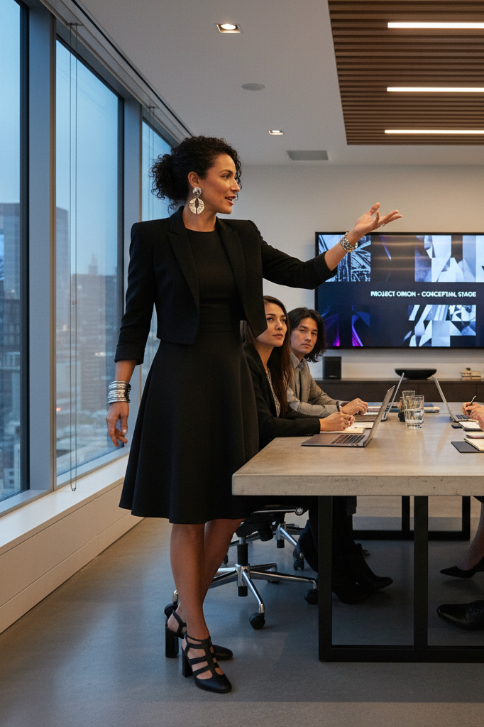 Black A-line dress with a cropped blazer and modern heels in a creative office.
