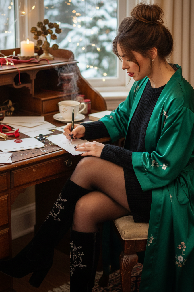 Black cashmere dress with boot slippers for writing holiday cards at home.