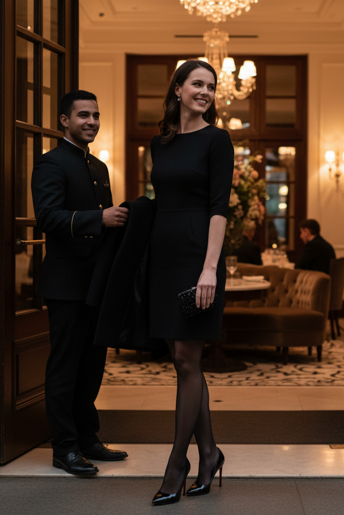Black cocktail dress with sheer black tights and elegant heels for date night.
