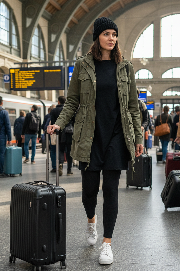 Practical travel outfit using a black dress as a tunic over fleece-lined leggings, with a utility jacket and sneakers in a train station.
