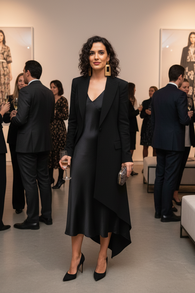 Black dress with an asymmetric blazer and architectural heels at a fashion event.