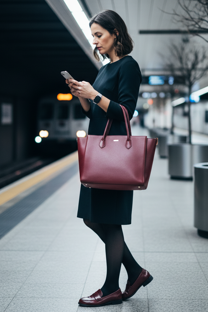 Black shift dress with burgundy loafers and a tote bag for a professional work commute.