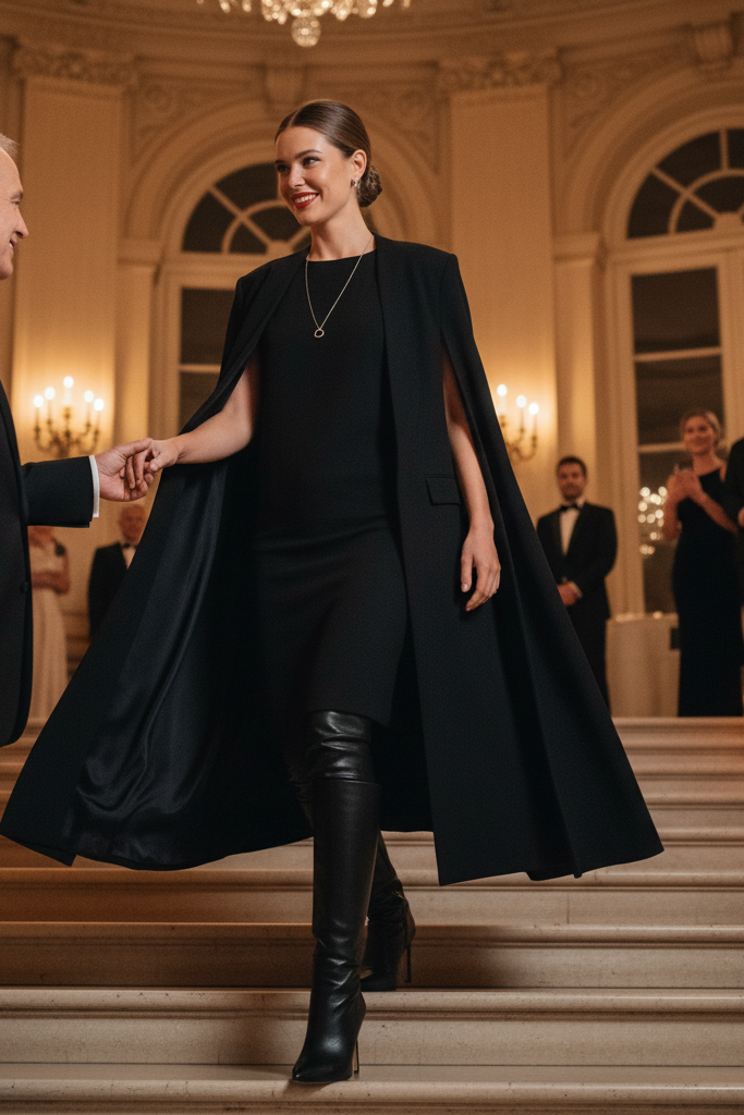 Black dress with a cape blazer and elegant boots making a special event entrance.