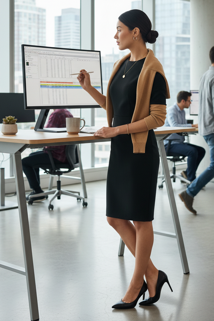 Black shift dress with a camel cashmere cardigan and pumps in a professional office.