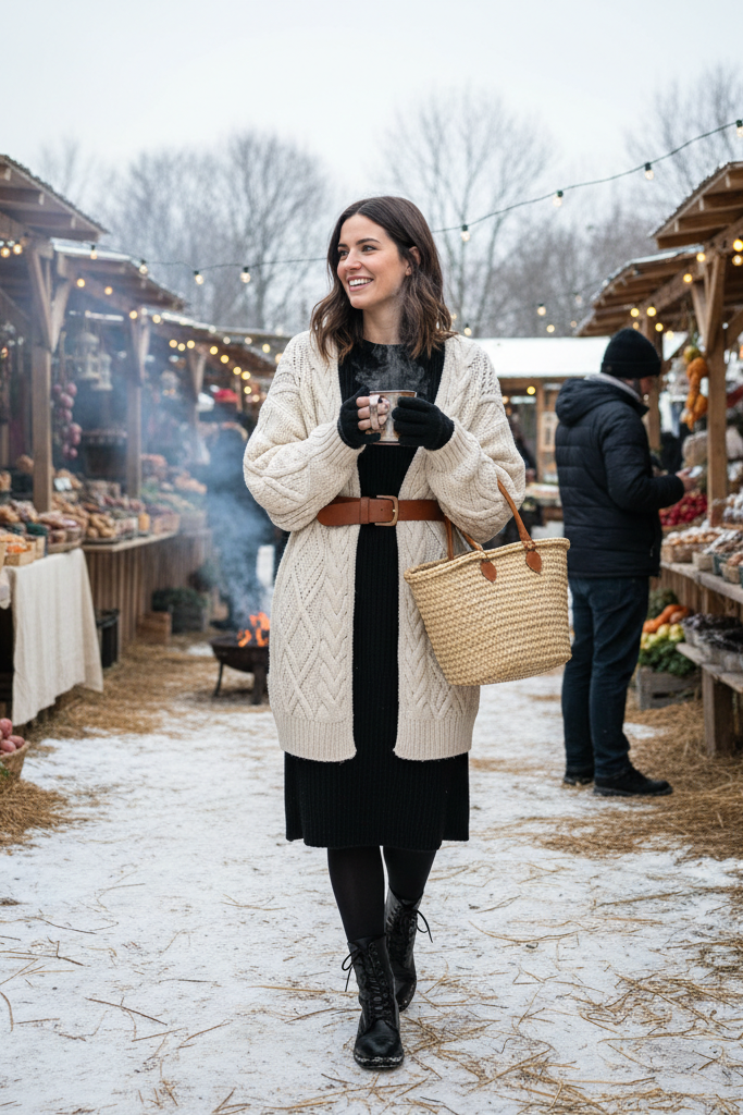 Black knit dress with a cream chunky knit cardigan and combat boots at a winter market.