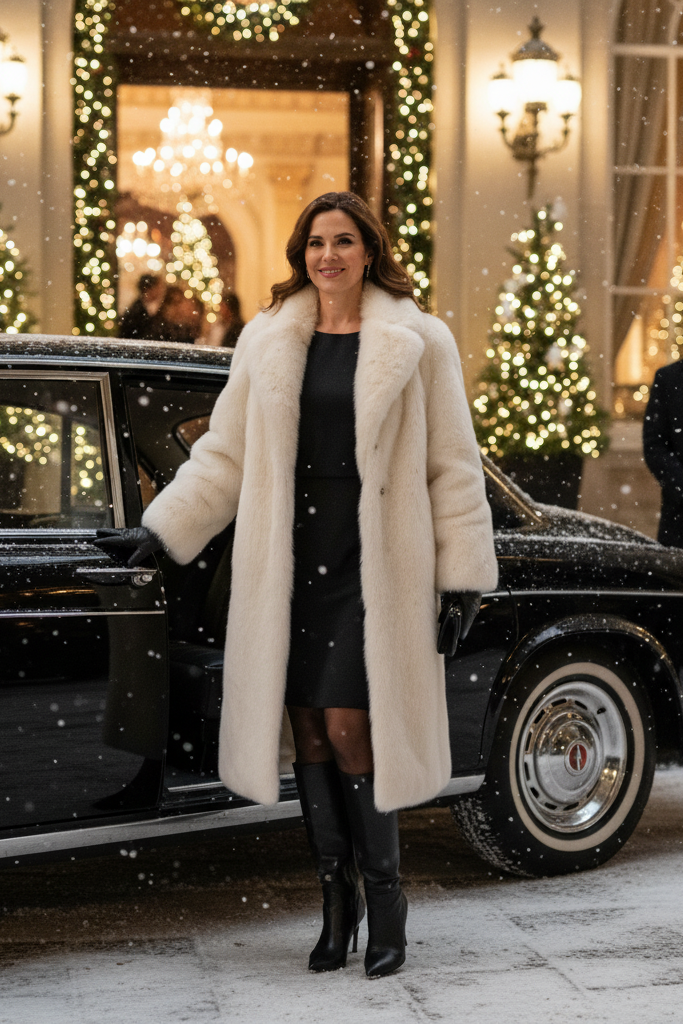 Glamorous winter outfit with a simple black dress under a luxurious cream faux fur coat, tights, and knee-high boots.