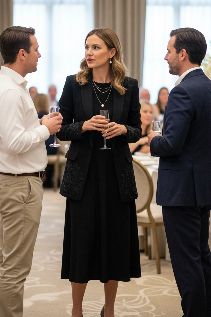 Black dress with a subtly embroidered blazer and classic pumps at a luncheon.