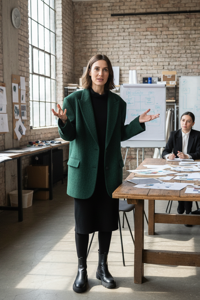 Black dress with an emerald green blazer and ankle boots in a creative workspace.
