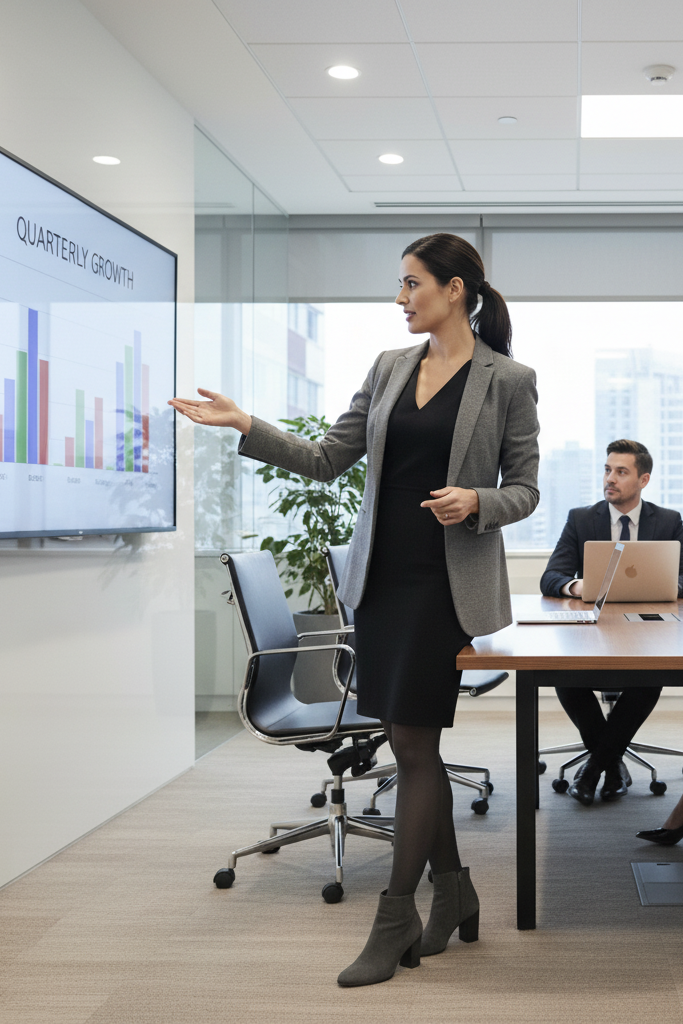 Black sheath dress with charcoal gray suede booties and a blazer for an office meeting.
