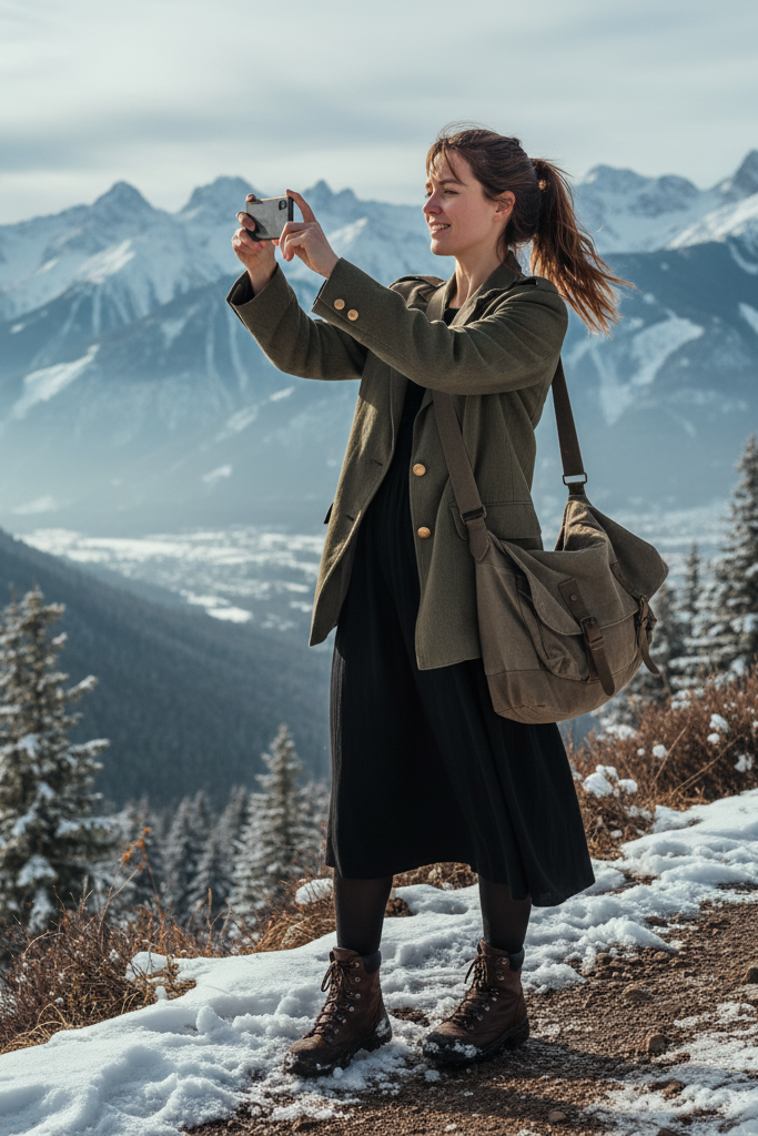 Black dress with an olive military blazer and boots for winter hiking.