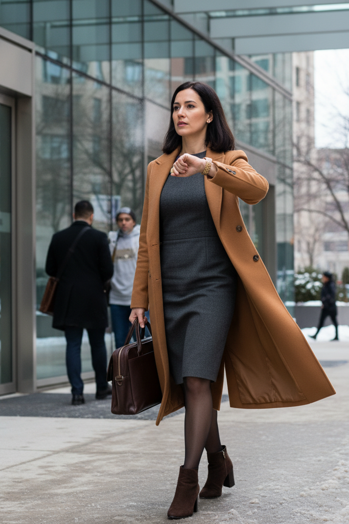 Black sheath dress with nude suede booties and a camel coat for a professional winter commute.