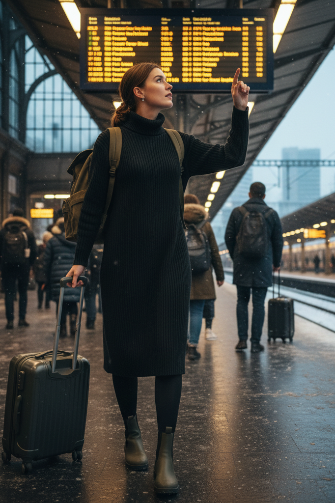 Black turtleneck dress with olive green waterproof boots and backpack at a train station.
