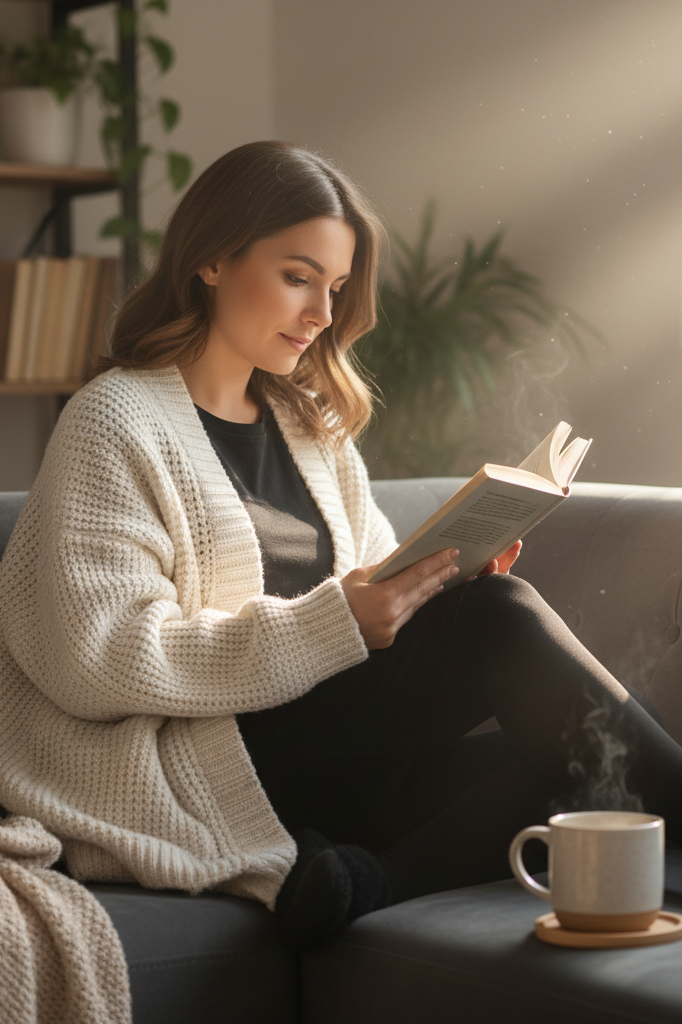 Black jersey dress with an oversized white cardigan and leggings for cozy home wear.