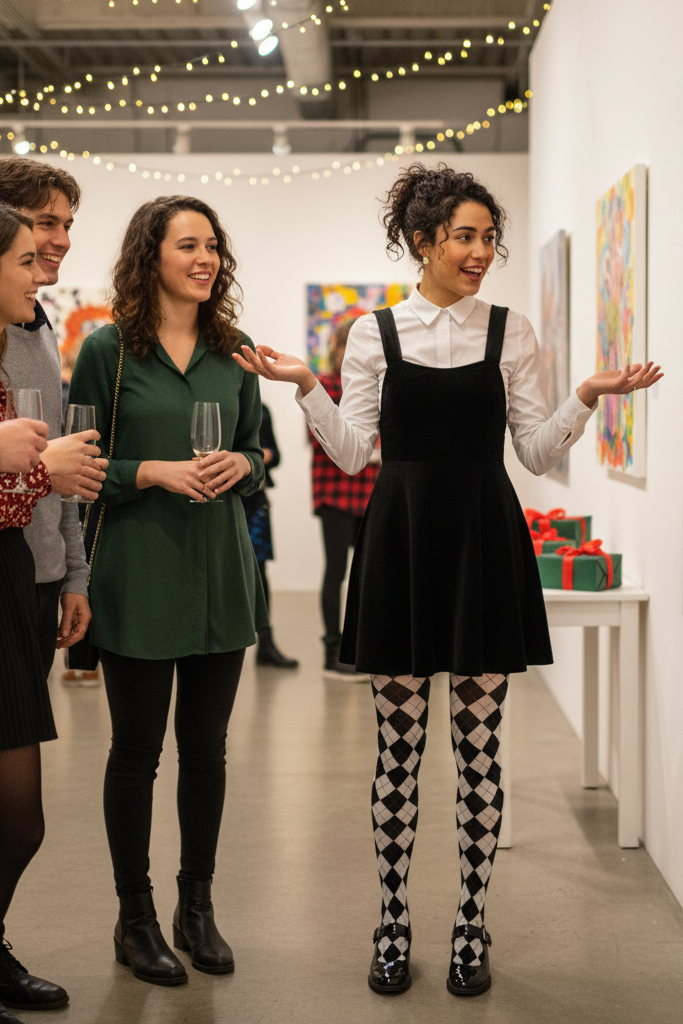 Black pinafore dress with patterned tights and Mary Janes at an artistic gathering.
