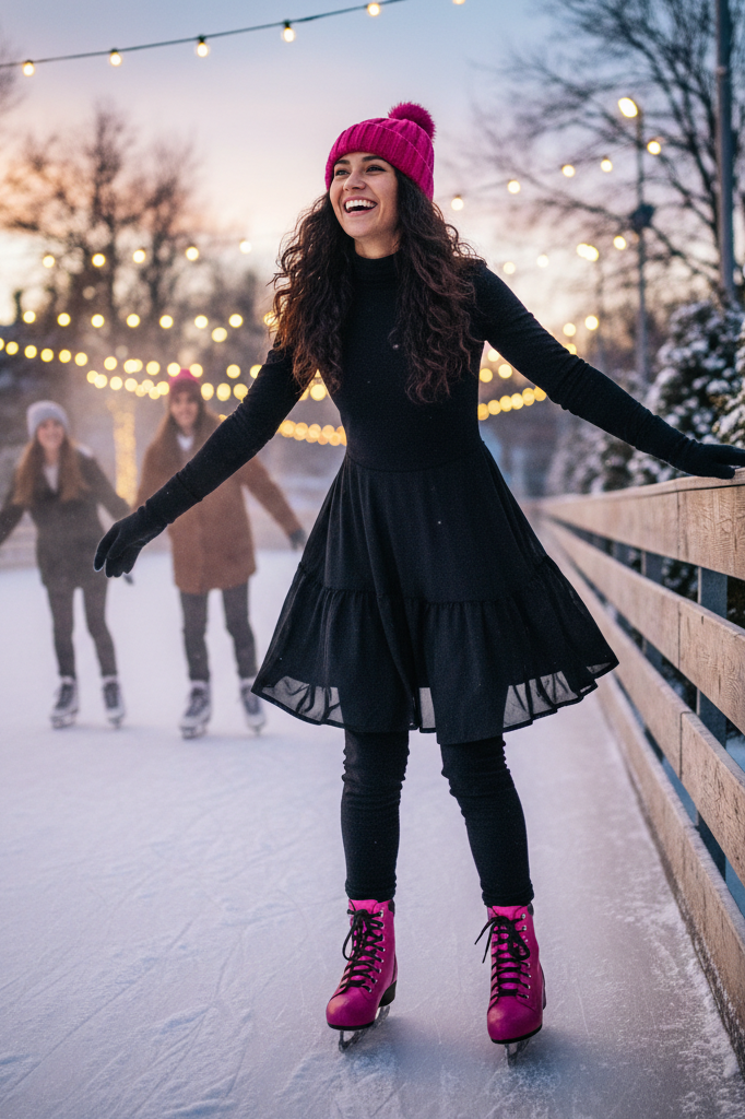 Black skater dress with pink combat boots and a beanie for winter ice skating.