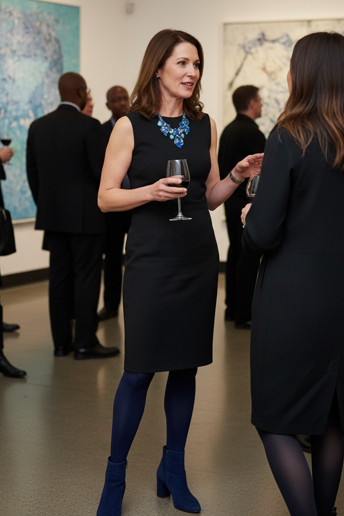 Black dress with royal blue suede booties and a statement necklace at a gallery opening.