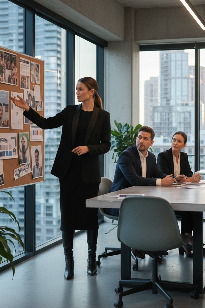 Black dress with a shawl collar blazer and booties in a creative agency setting.