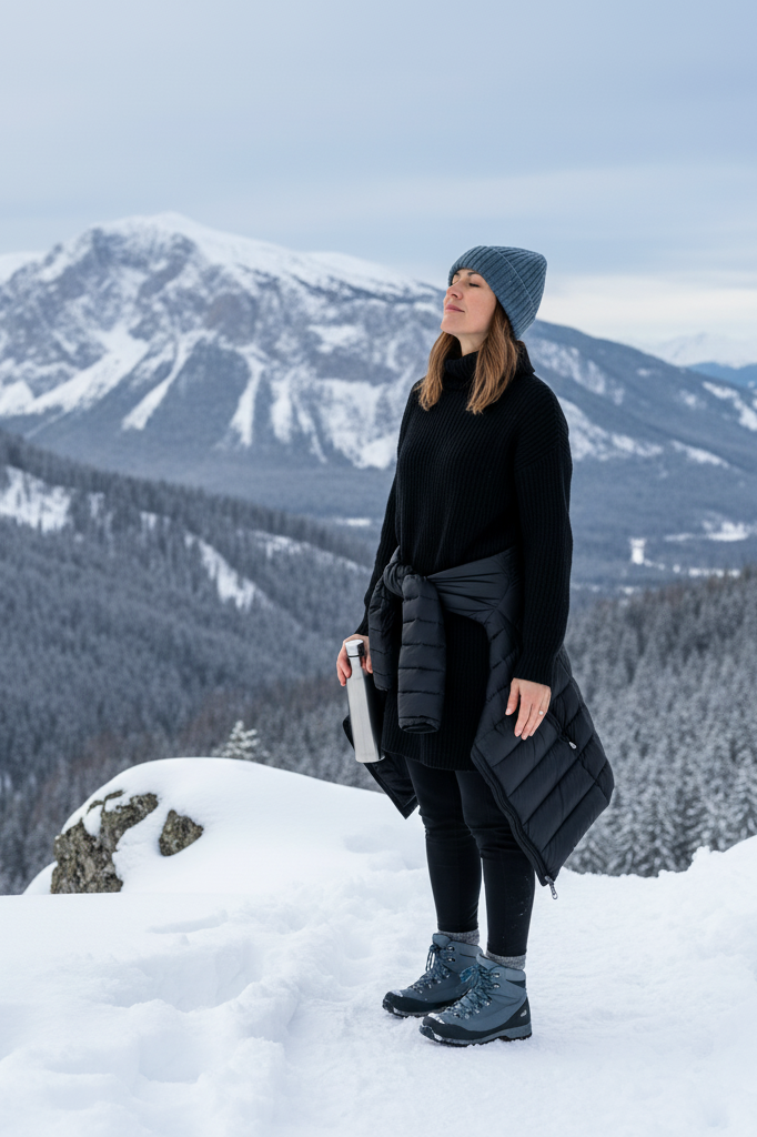 Black sweater dress with slate blue waterproof boots for winter hiking.