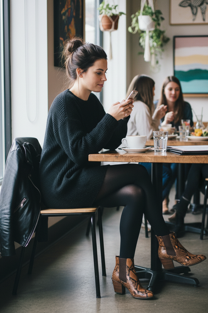 Black sweater dress with snakeskin print boots and a leather jacket for cafe brunch.