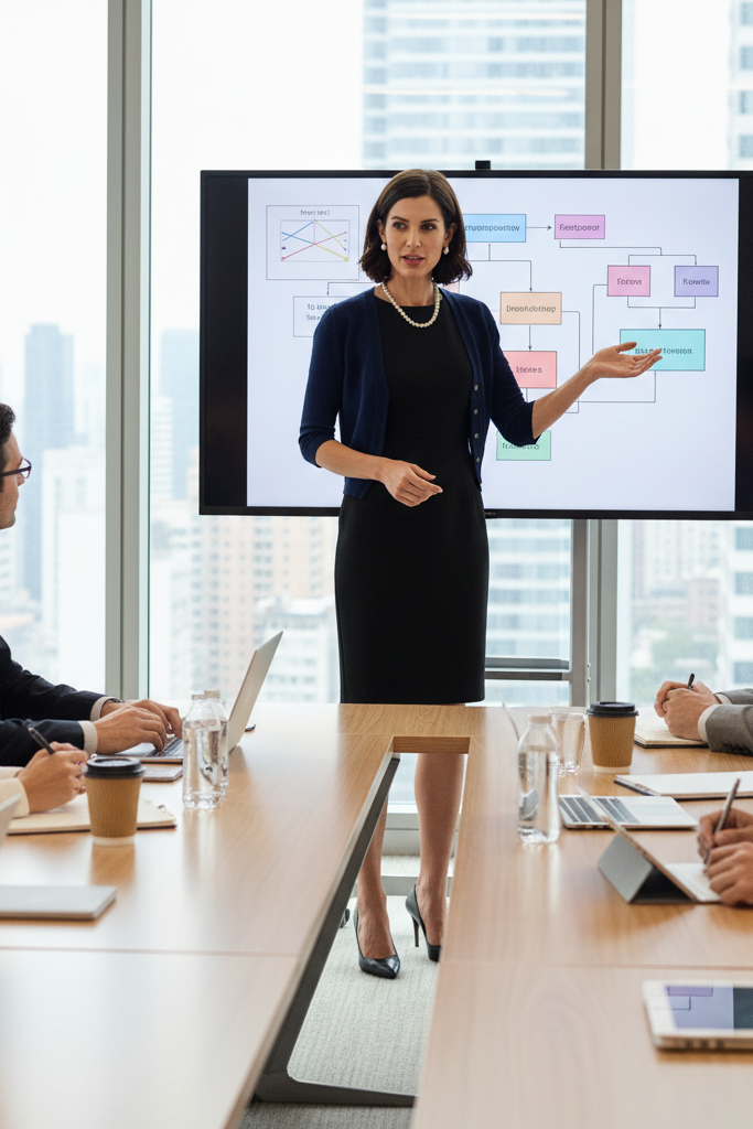 Black sleeveless dress with a navy three-quarter sleeve cardigan and pearls for the office.