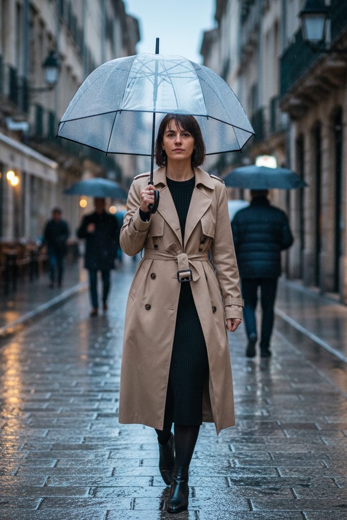 Classic rainy-day outfit with a black dress, opaque tights, ankle boots, and a beige trench coat in a European city.