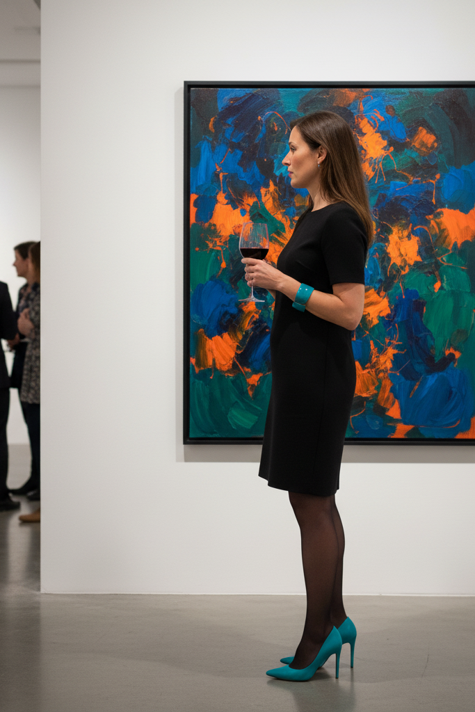 Simple black shift dress with vibrant turquoise heels at an art opening.