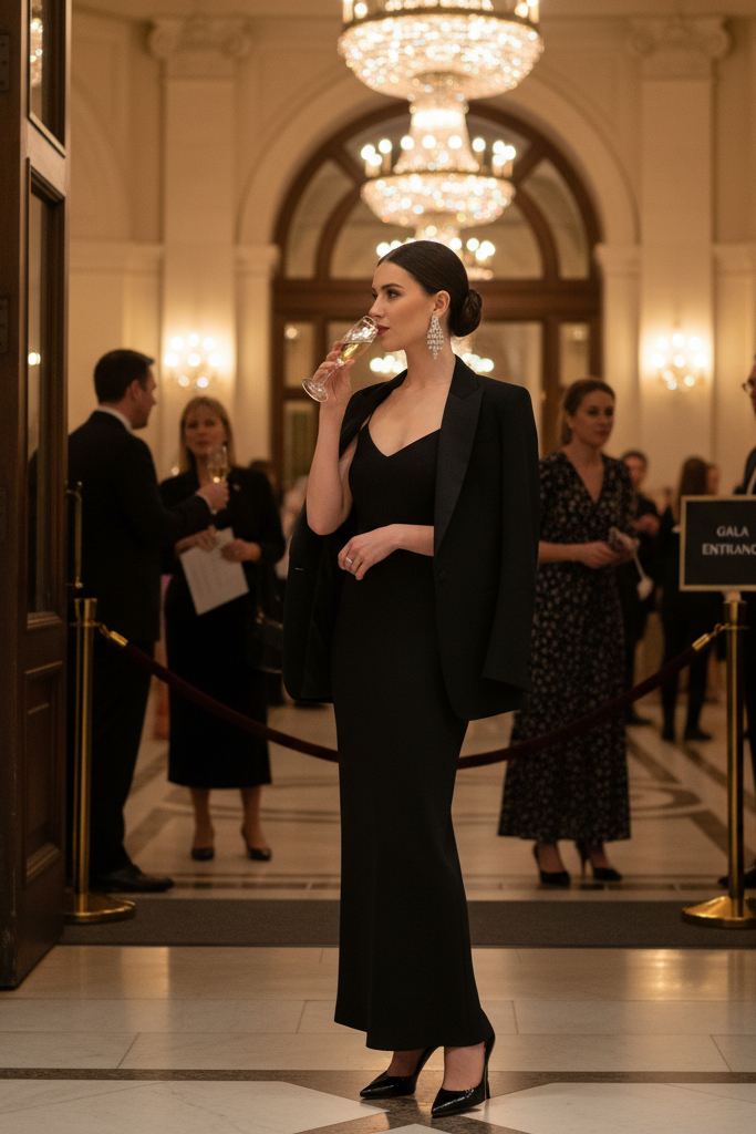 Black dress with a tuxedo blazer and elegant heels at a charity gala.