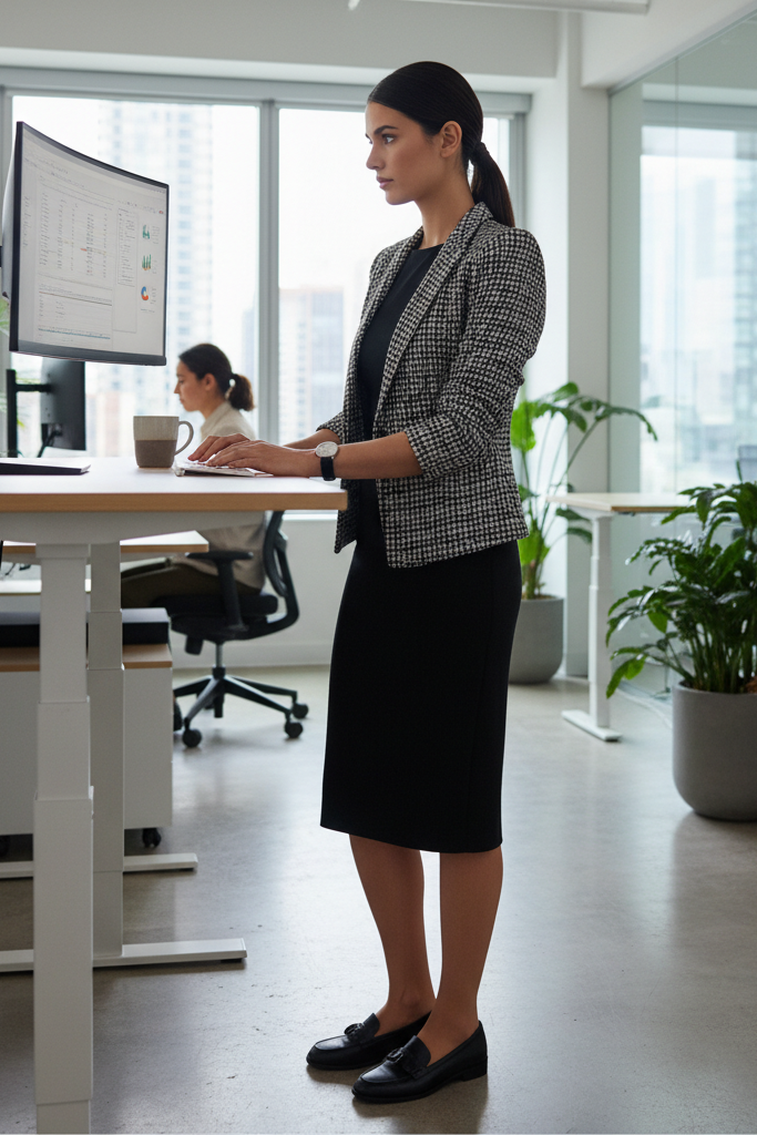 Black dress with a black and white tweed blazer and loafers in a professional office.