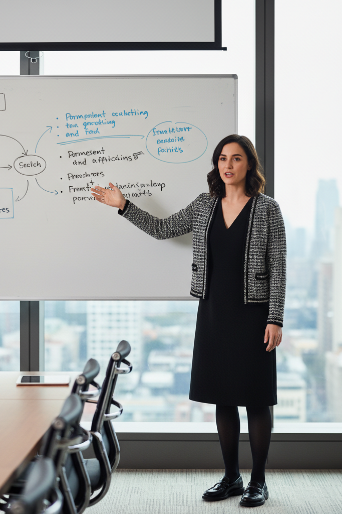 Black dress with a tweed cardigan and loafers for a conference room meeting.