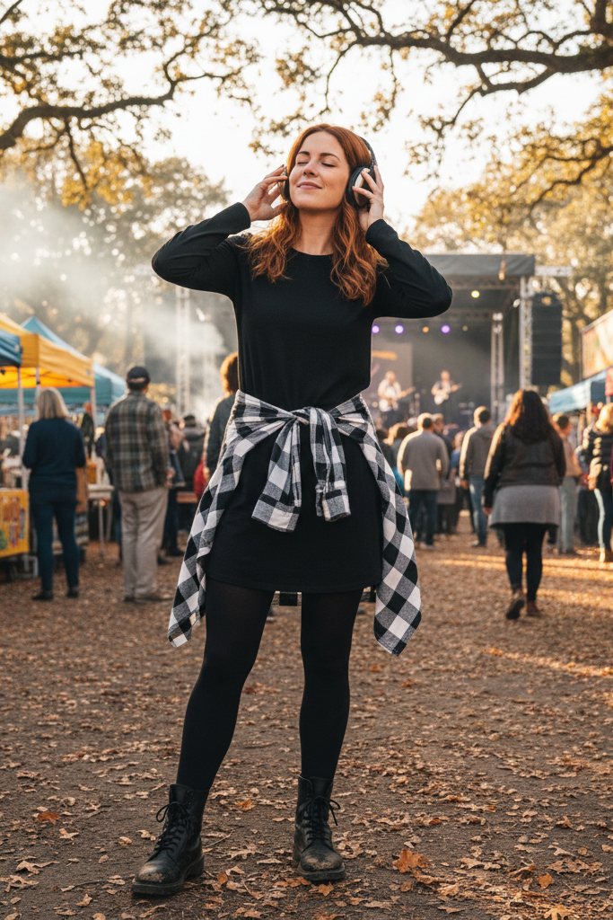 Black jersey dress with a white and black flannel shirt tied at the waist and combat boots.

