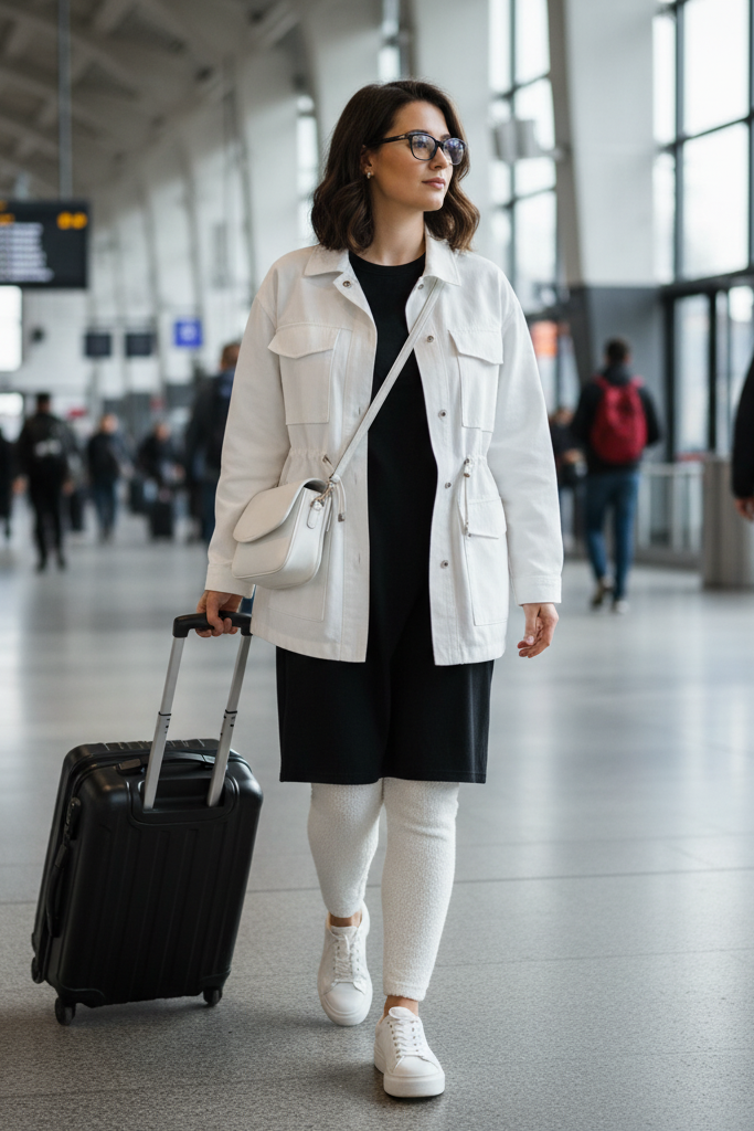 Black t-shirt dress worn as a tunic over white leggings with a jacket for travel.