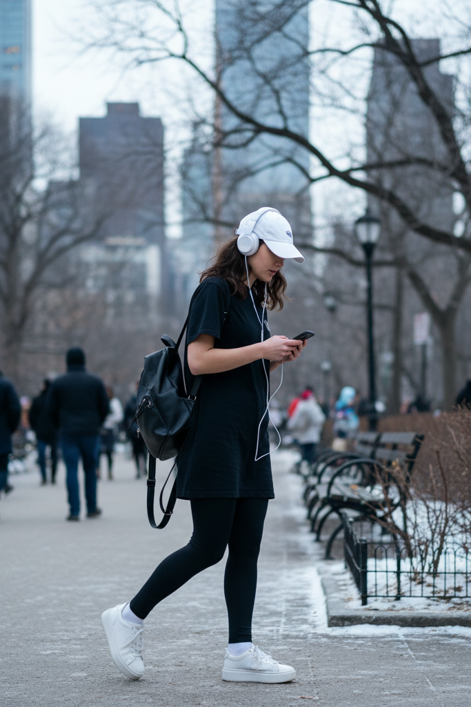 Black t-shirt dress with white platform sneakers and a baseball cap for a park walk.