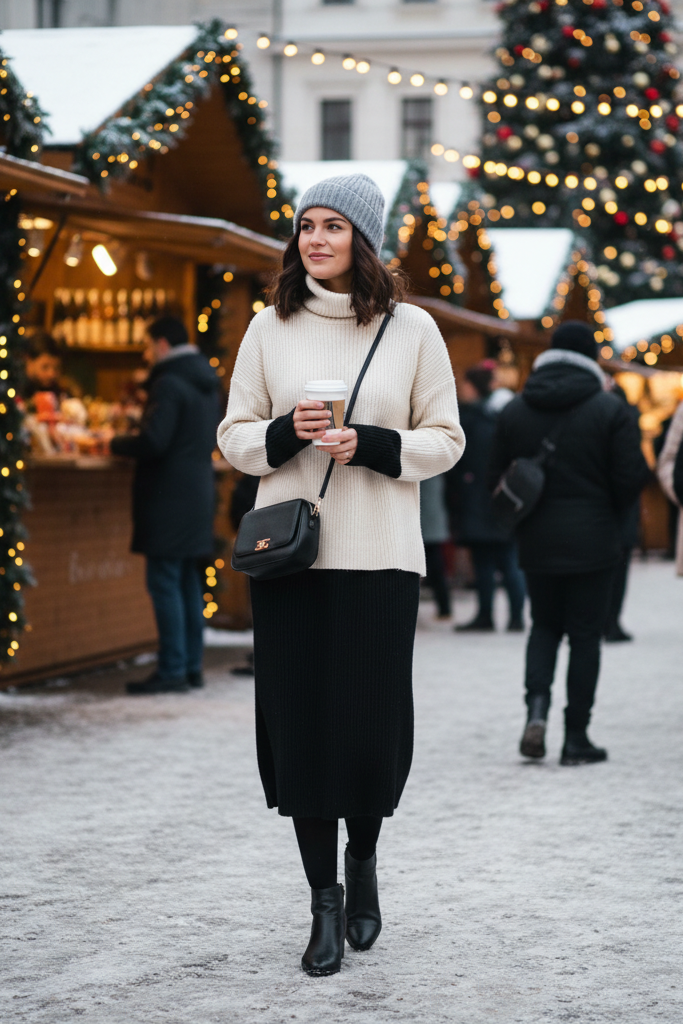 A woman wearing a black knit midi dress with a cream turtleneck sweater layered over it, styled with opaque black tights and ankle boots at a winter market.