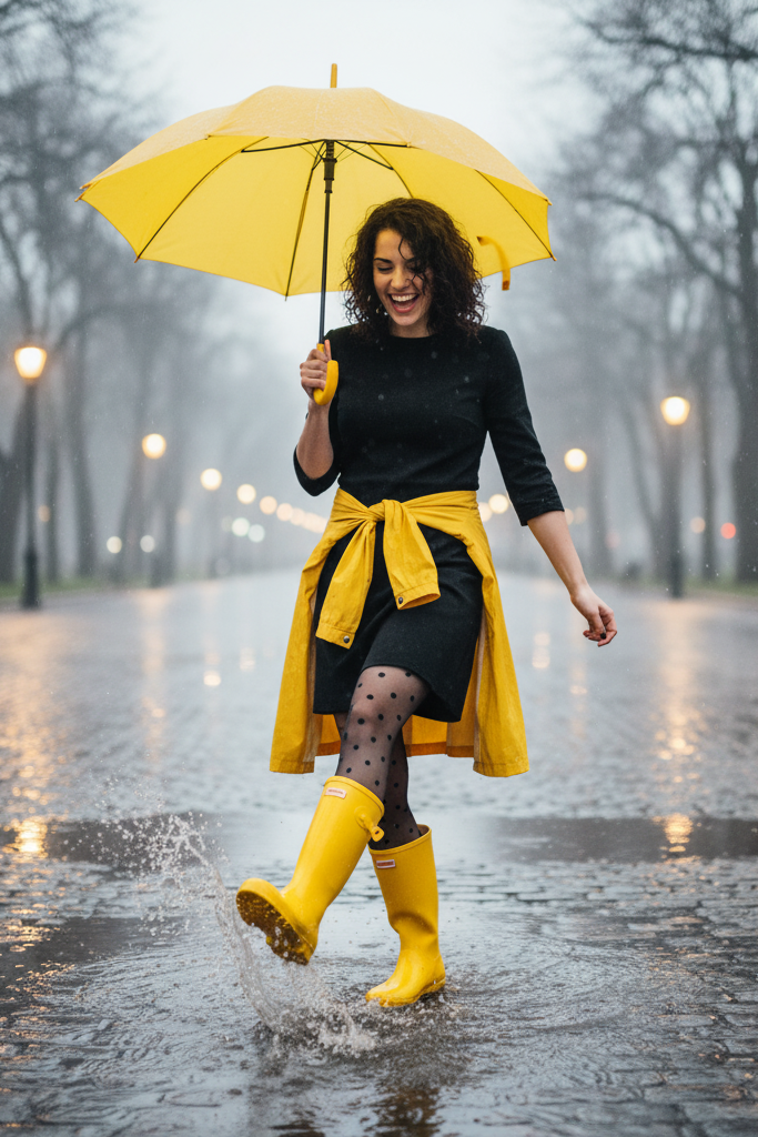 Black shift dress with yellow rain boots and patterned tights on a rainy winter day.