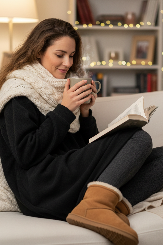  Black fleece dress with thermal tights and slipper boots for a cozy day at home.